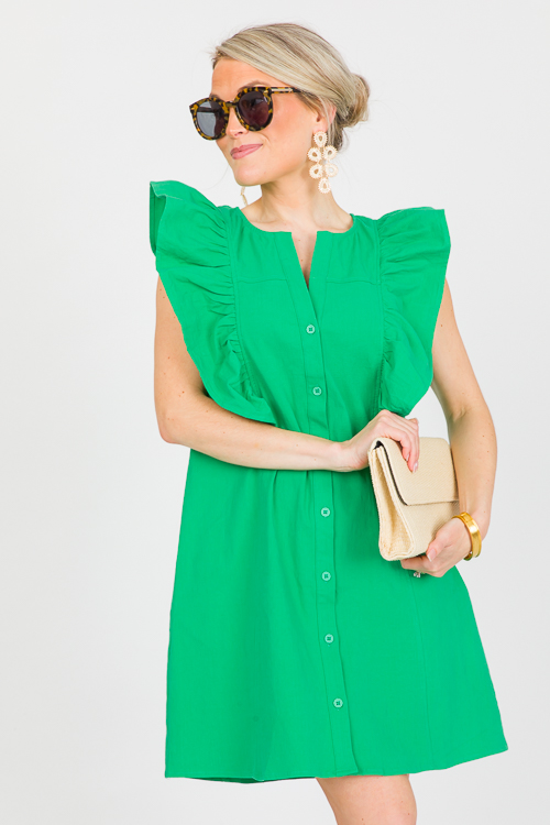 Button Up Ruffle Dress, Green