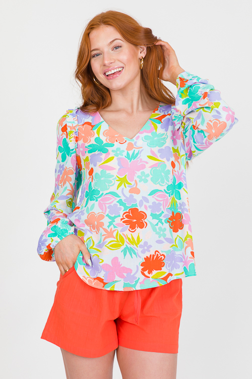 Ruffle Shoulder Floral Top, Multi