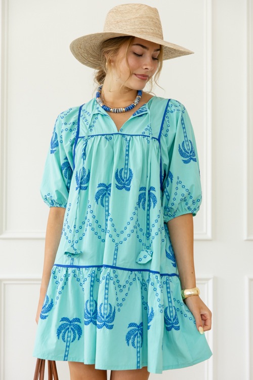Palm Embroidery Dress, Mint/Blue