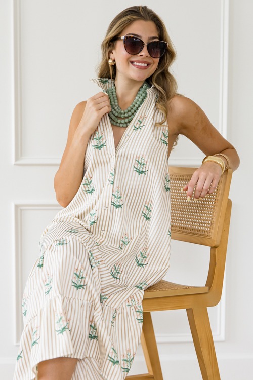 Striped Floral Print Maxi, Latte