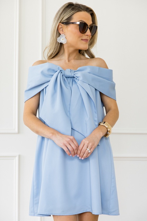 Bow Off Shoulder Dress, Baby Blue