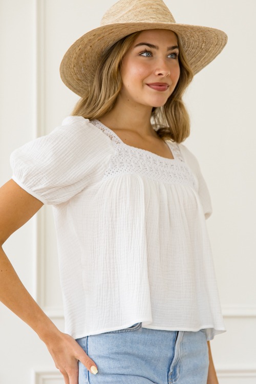 Crochet Detail Gauze Top, White