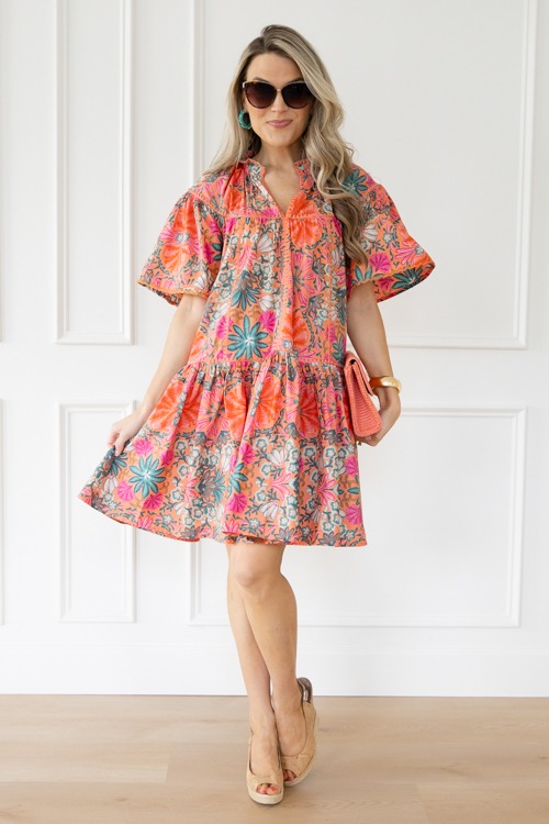 Stitch Detail Floral Dress, Orange