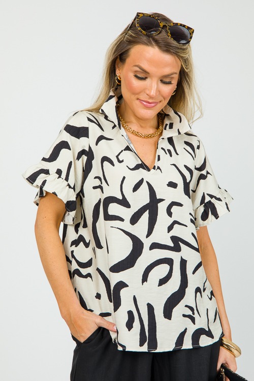 Abstract Collared Top, Cream/Black