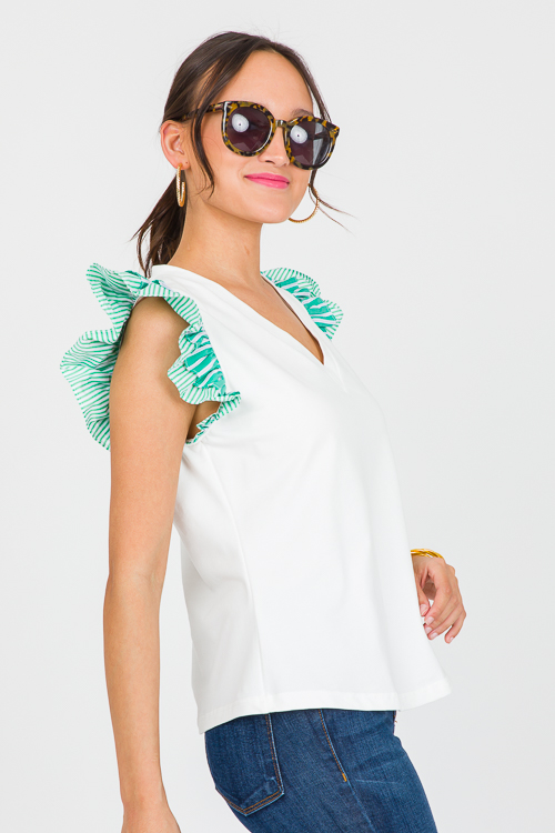 Ruffled Stripes V-Neck, Green