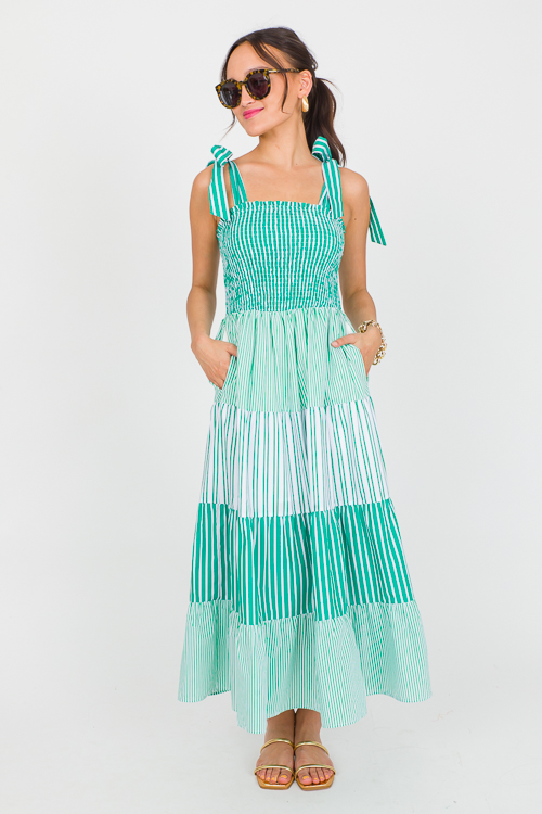 Mix Stripe Smock Midi, Green