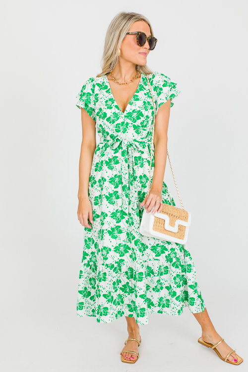 Tie Waist Floral Midi, Green - Dresses - The Blue Door Boutique
