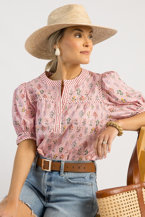 Floral Stripe Trim Top, Pink
