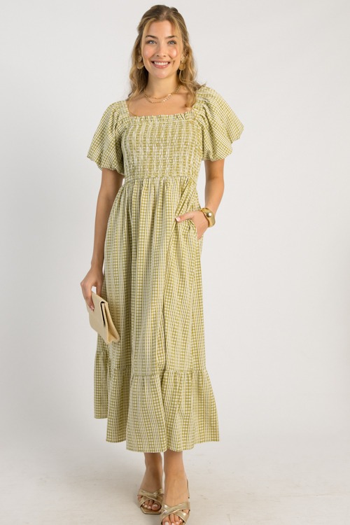 Gingham Smock Midi, Avocado