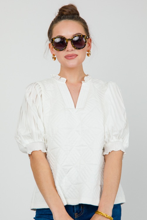 Quilted Pleat Sleeve Top, Off White