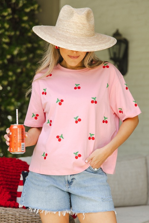 Cherry Embroidery Tee, Pink