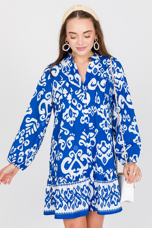 Button Up Printed Dress, Blue