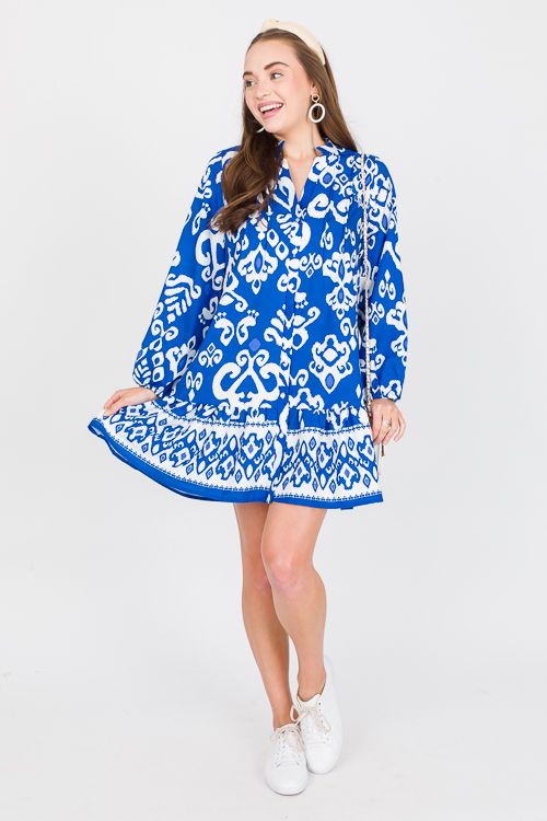 Button Up Printed Dress, Blue