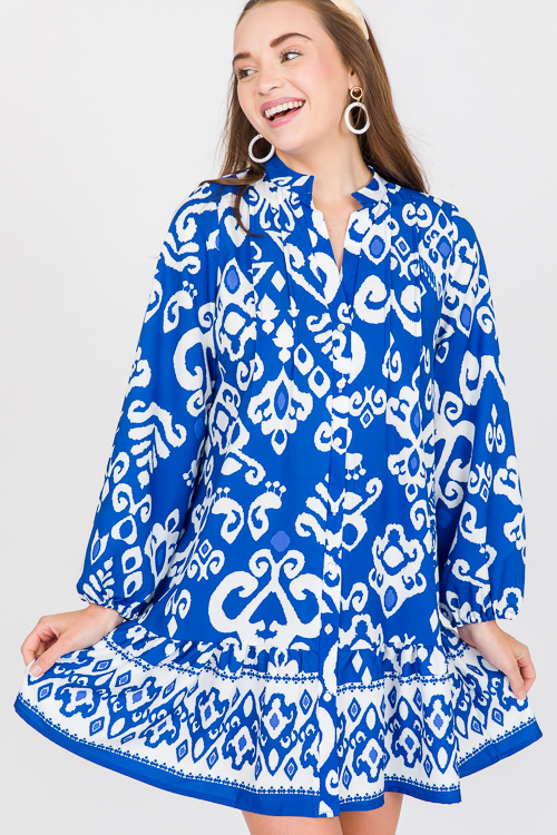 Button Up Printed Dress, Blue