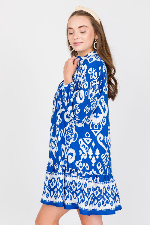 Button Up Printed Dress, Blue