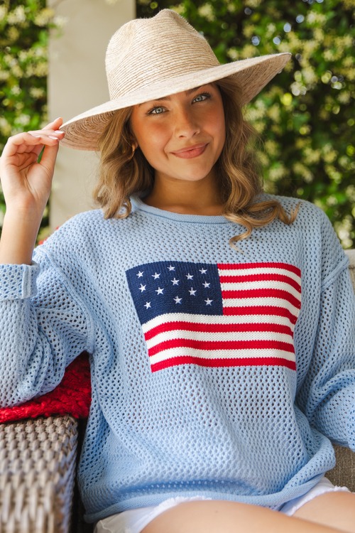 USA Flag Crochet Sweater, Powder Blue
