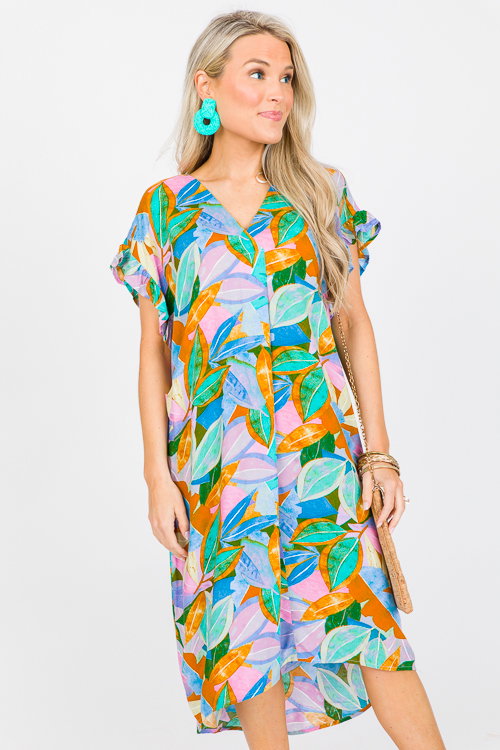 Leaf Ruffle Sleeve Midi, Blue - Dresses - The Blue Door Boutique
