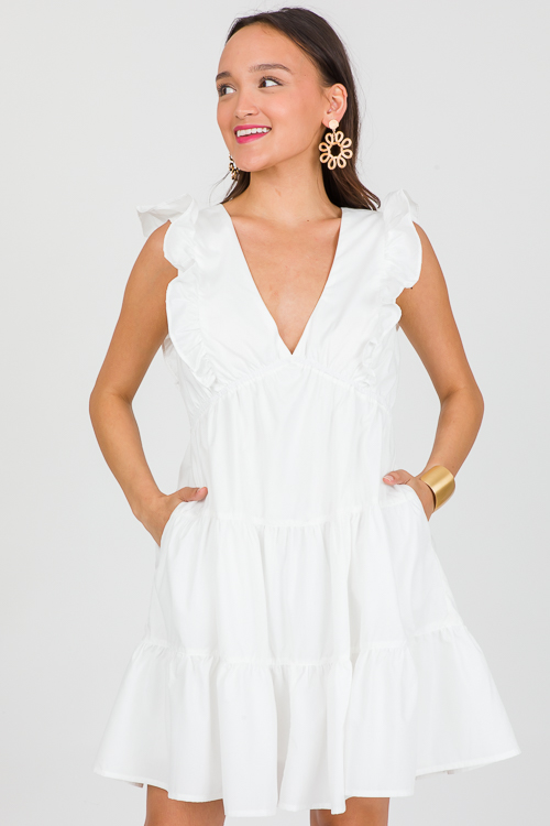 V-Neck Ruffle Dress, Off White