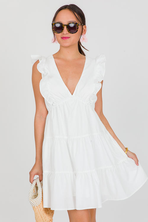 V-Neck Ruffle Dress, Off White