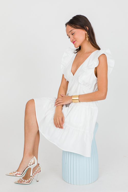 V-Neck Ruffle Dress, Off White