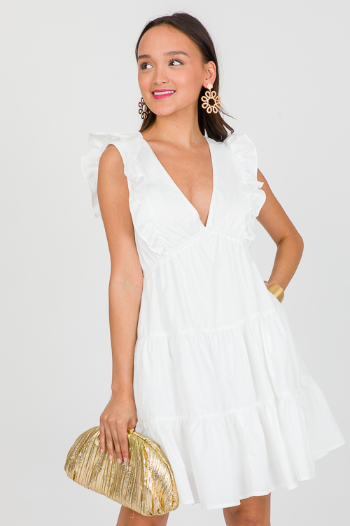 V-Neck Ruffle Dress, Off White