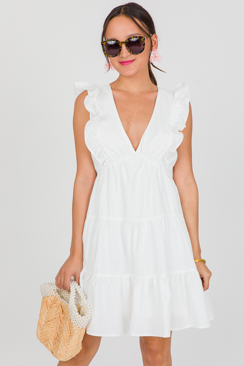 V-Neck Ruffle Dress, Off White