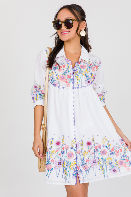 Floral Shirt Dress, White Multi