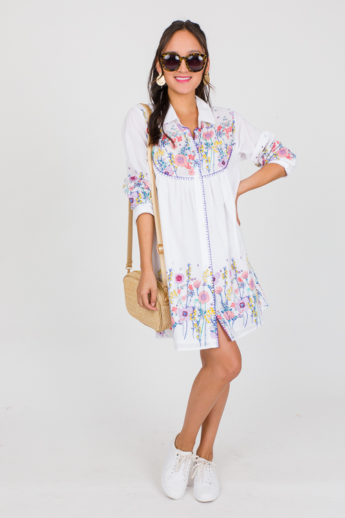 Floral Shirt Dress, White Multi