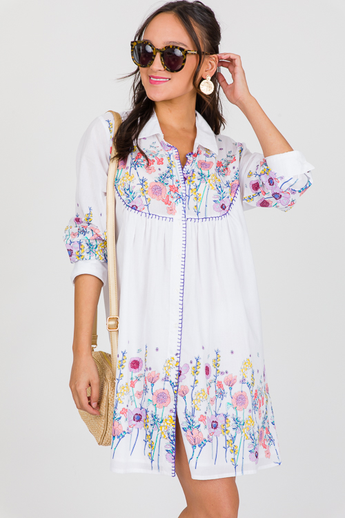 Floral Shirt Dress, White Multi