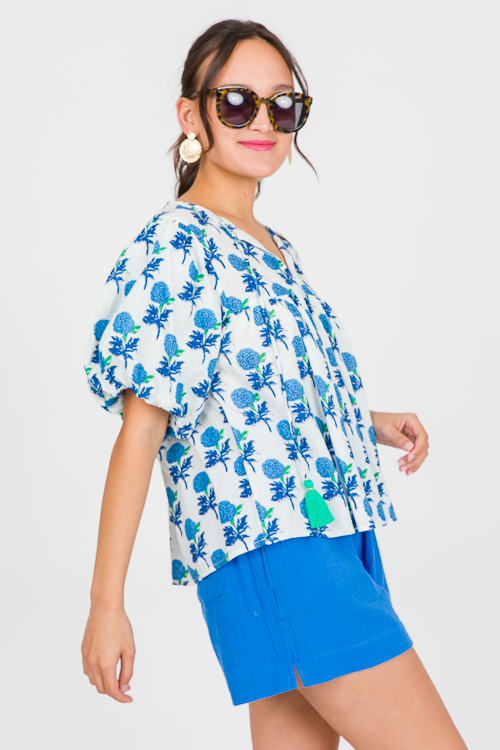 Tassel Tie Blue Blooms Top