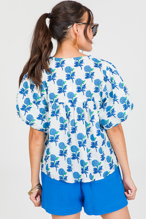 Tassel Tie Blue Blooms Top