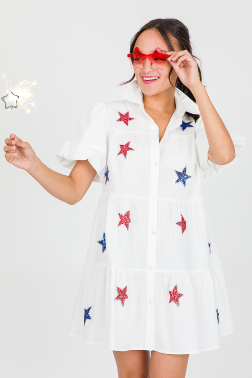 Sequin Stars Shirt Dress, Off White