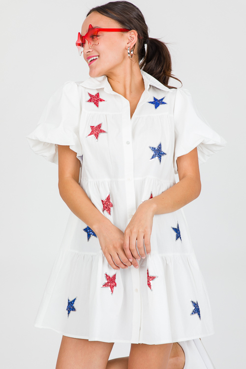 Sequin Stars Shirt Dress, Off White