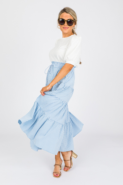 Gingham Tier Maxi Skirt, Blue