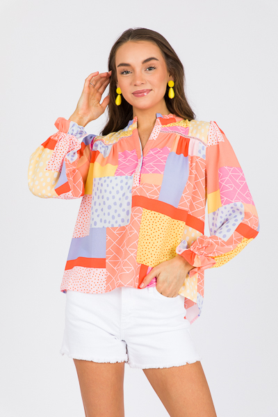 Patchwork Half Button Top, Oran