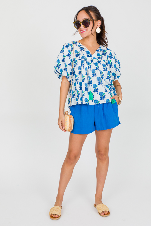 Tassel Tie Blue Blooms Top