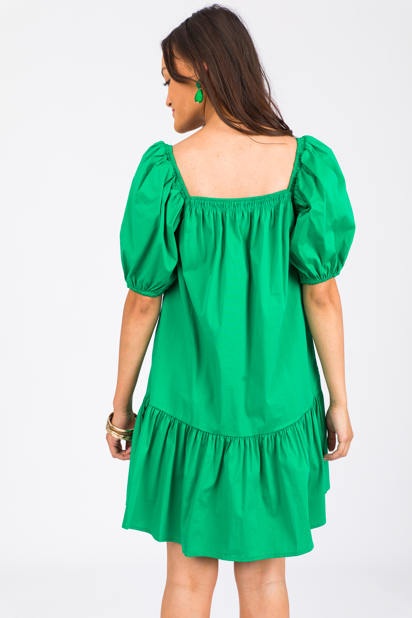 Puff Sleeve Poplin Dress, Emerald