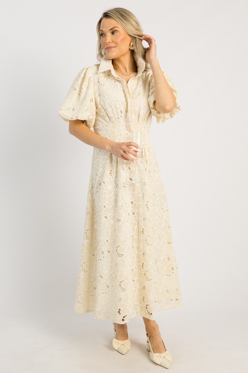 Floral Eyelet Button Midi, Beige