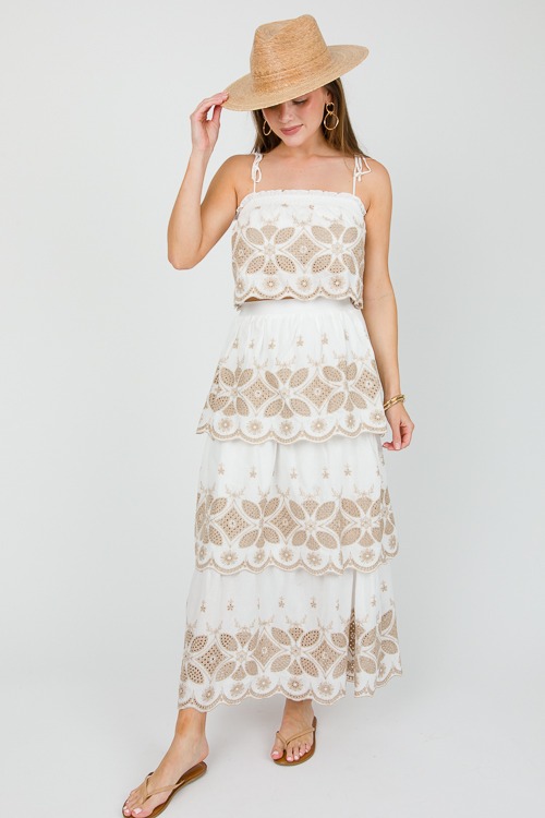 Eyelet Contrast Skirt Set, Off White