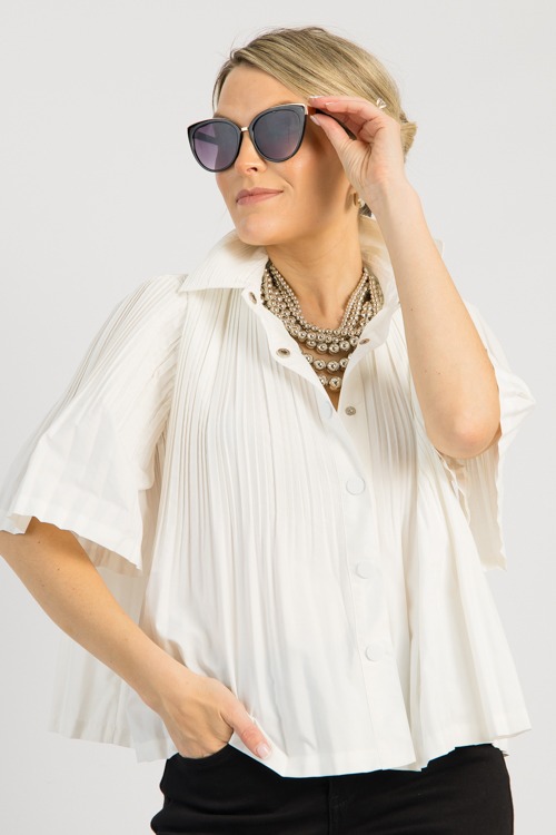 Pleated Button Down Blouse, White - 0515-121p.jpg
