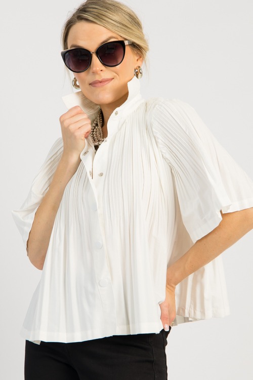 Pleated Button Down Blouse, White - 0515-125.jpg