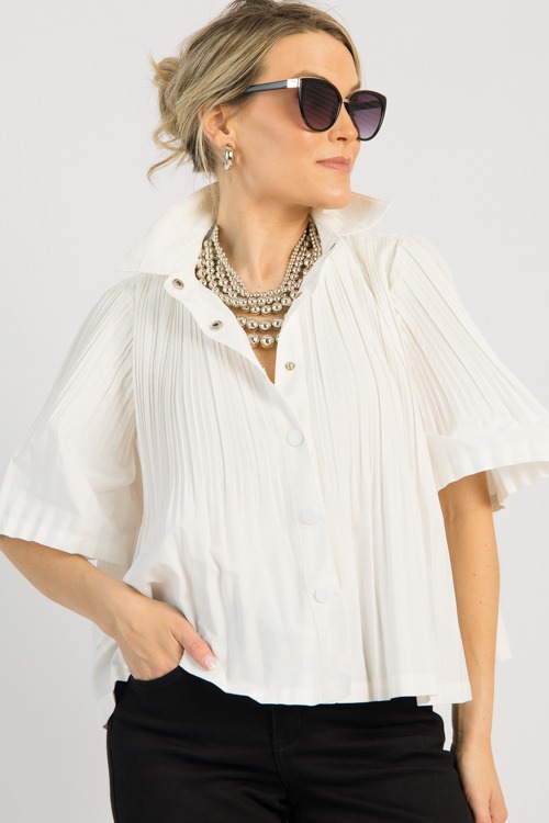 Pleated Button Down Blouse, White - 0515-126.jpg