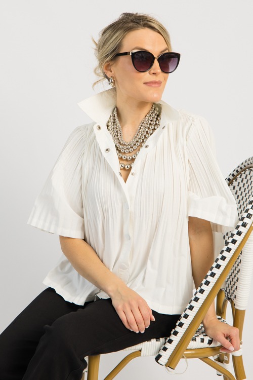 Pleated Button Down Blouse, White - 0515-127.jpg