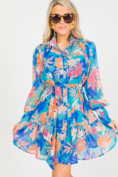 Floral Chiffon Button Dress, Blue