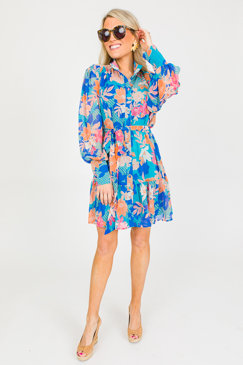 Floral Chiffon Button Dress, Blue