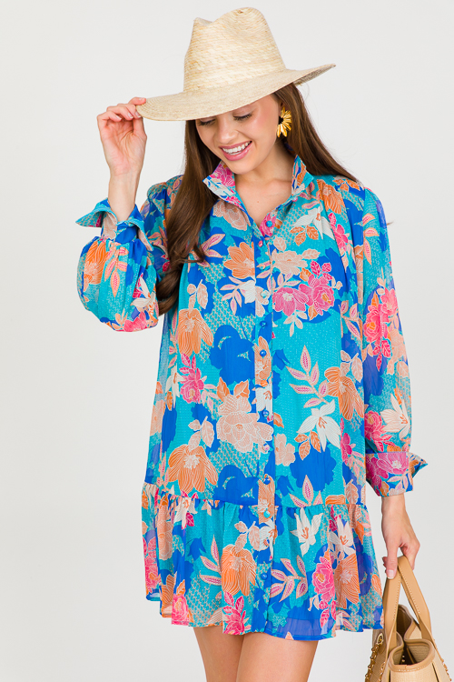 Floral Chiffon Button Dress, Blue