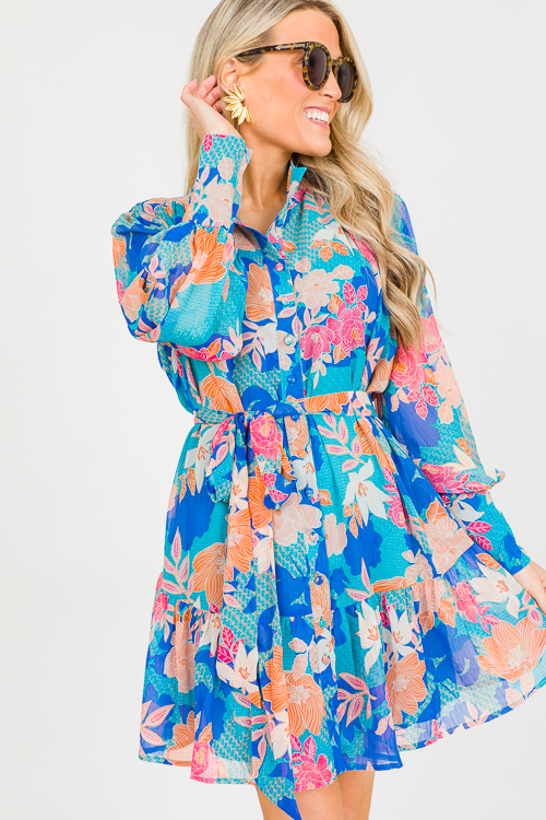 Floral Chiffon Button Dress, Blue