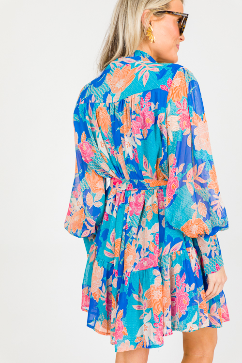 Floral Chiffon Button Dress, Blue