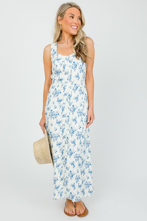 Button Up Blue Floral Midi, Ivory