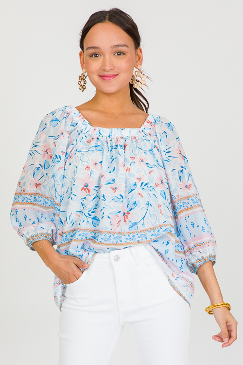 Boho Floral Blouse, Pink Blue